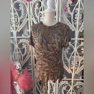 VTG 80’S SEQUIN BEADED JEWELED BROWN SILK PARTY BLOUSE TOP XS SMALL